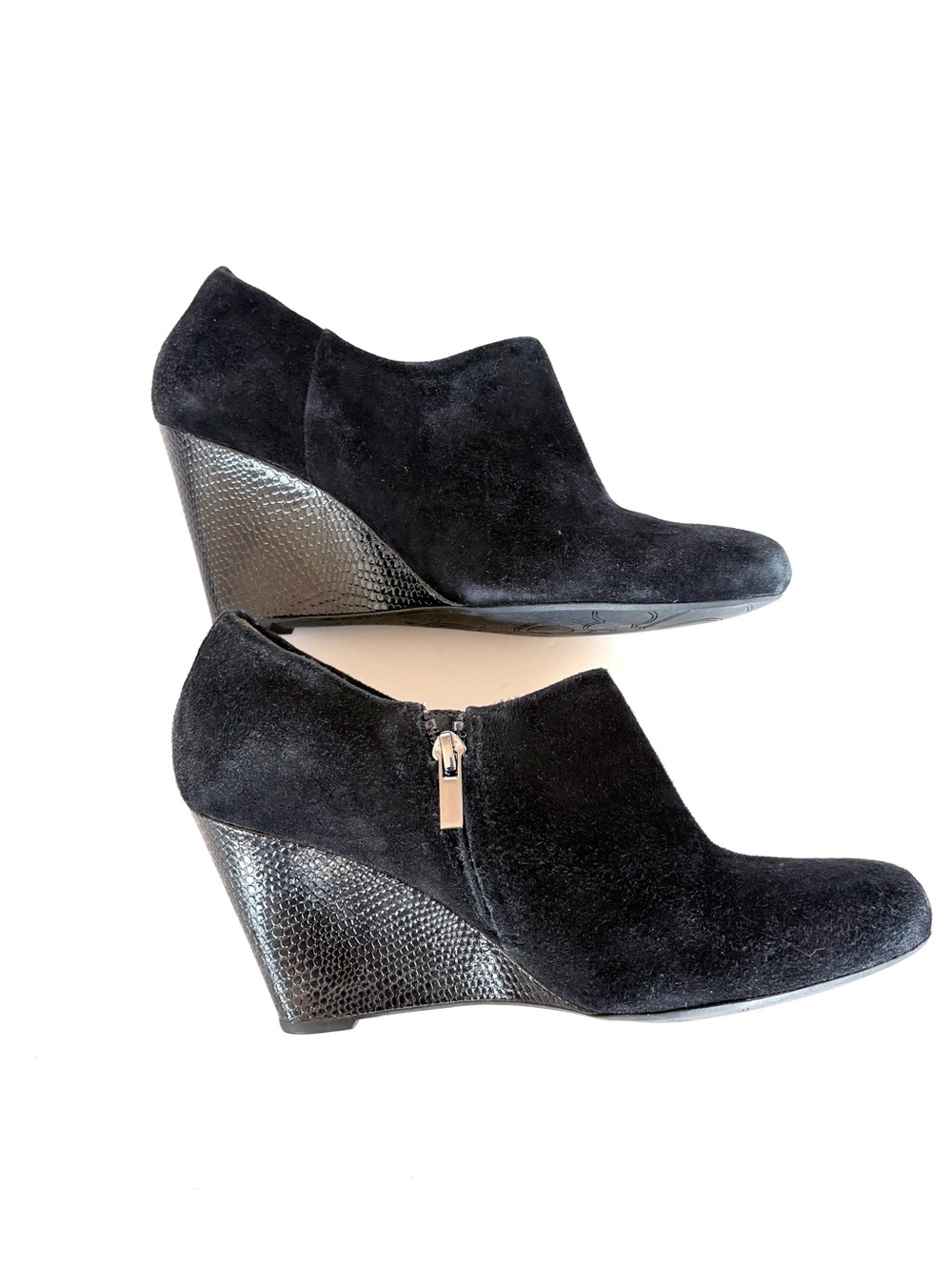 Clarks Black Suede Wedge Booties with Side Zip, Size 9